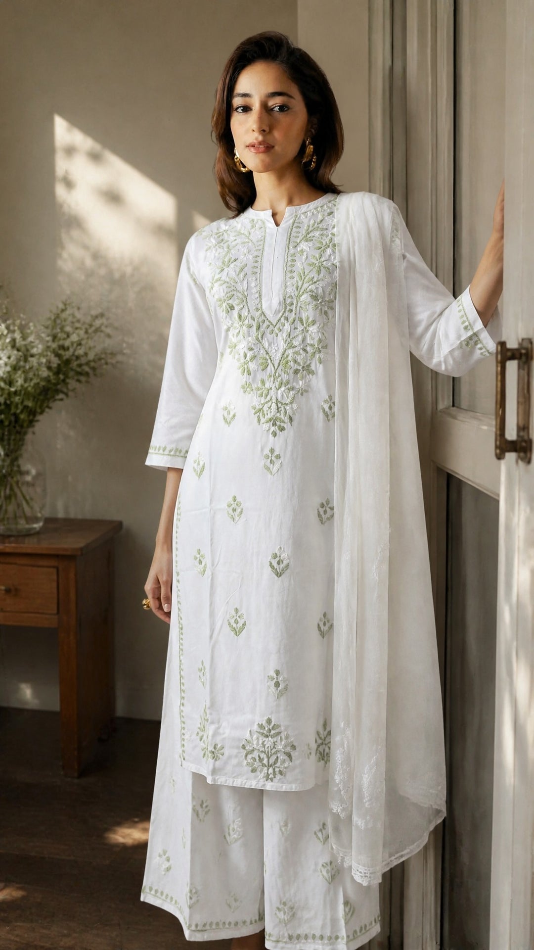 Ananya Rayon Colored Thread Chikankari Kurta Palazzo Dupatta Set | Lucknow Hand Embroidery | Paridhan Chikan