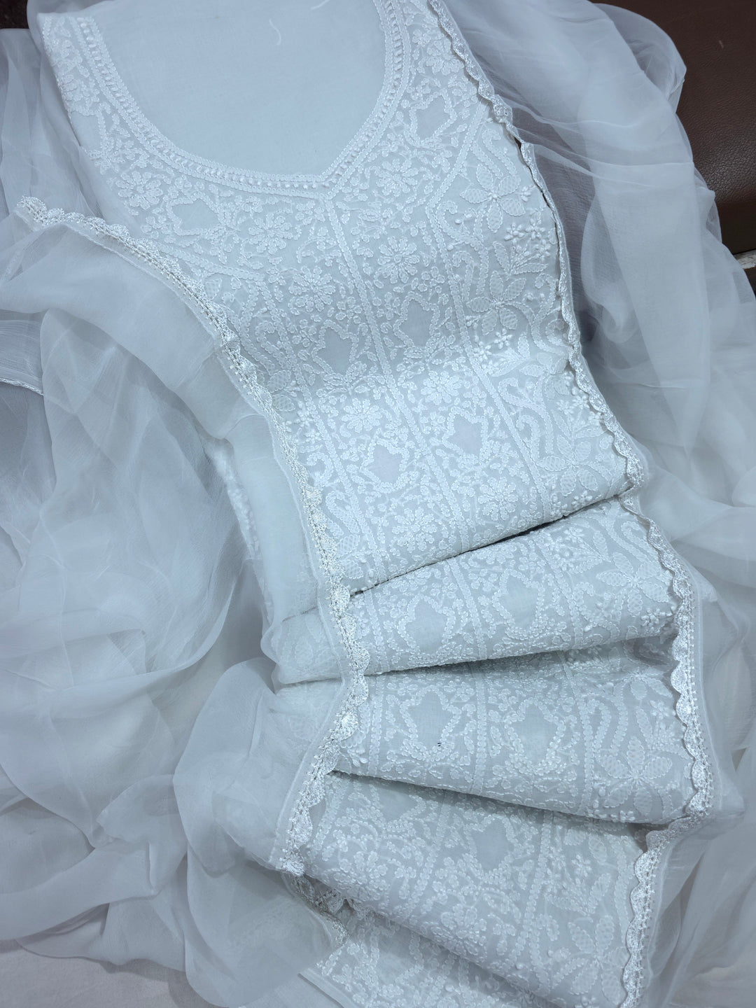 " Lucknowi Chikankari Unstitched Cotton Suit Set – Kurta, Bottom & Dupatta by Paridhan Chikan" (Copy)