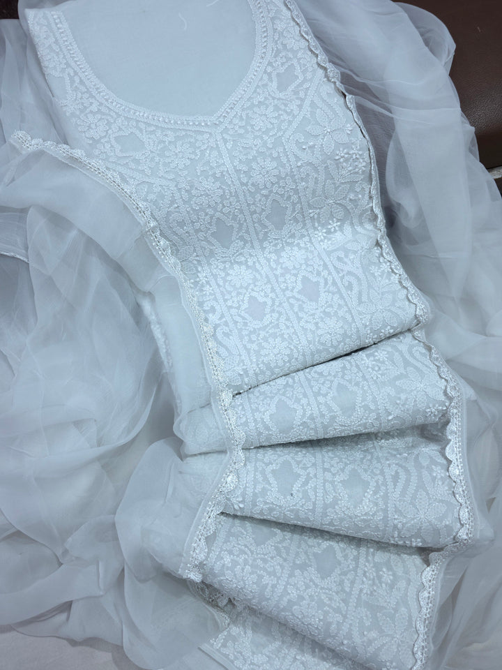 " Lucknowi Chikankari Unstitched Cotton Suit Set – Kurta, Bottom & Dupatta by Paridhan Chikan" (Copy)
