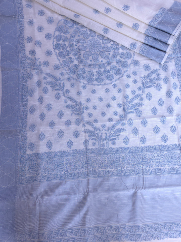 Hand Embroidered Chikankari Banarasi Silk Saree with Intricate Border & Palla Pattern – Includes  Blouse | Paridhan Chikan