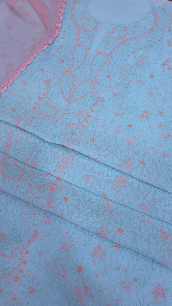 Lucknow Chikankari Hand Embroidered Cotton Dress Material with Tri-Color Motifs & Pure Chiffon Dupatta