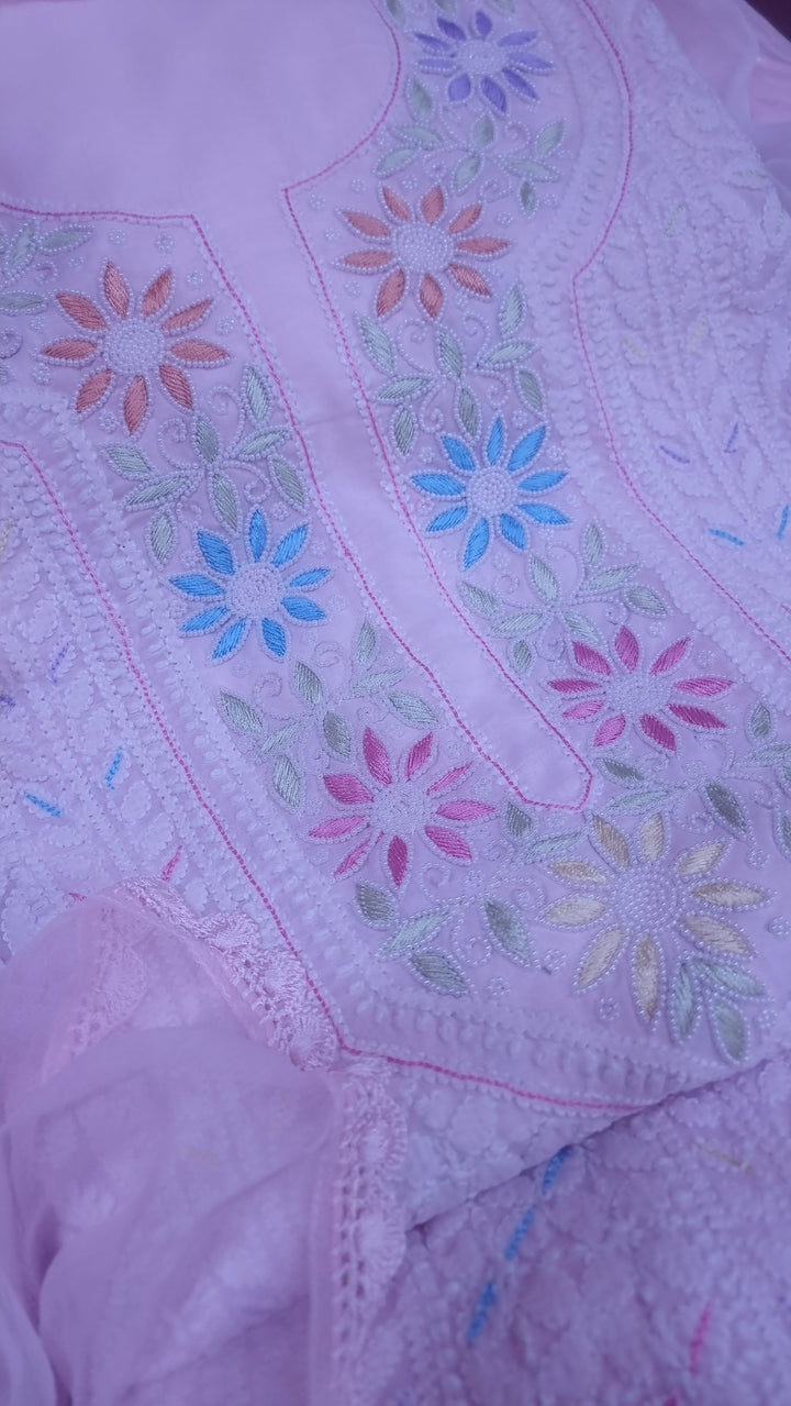 Cotton Resham Neckline chikankari dress material- Baby Pink
