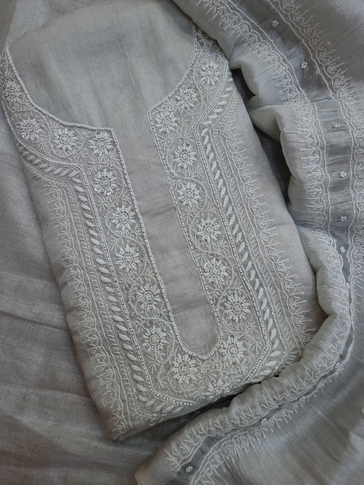 "2-Taar Hand Embroidered Chikankari Tissue Kurta & Dupatta Set – Cutdaana & Kasab Embellished | Paridhan Chikan"