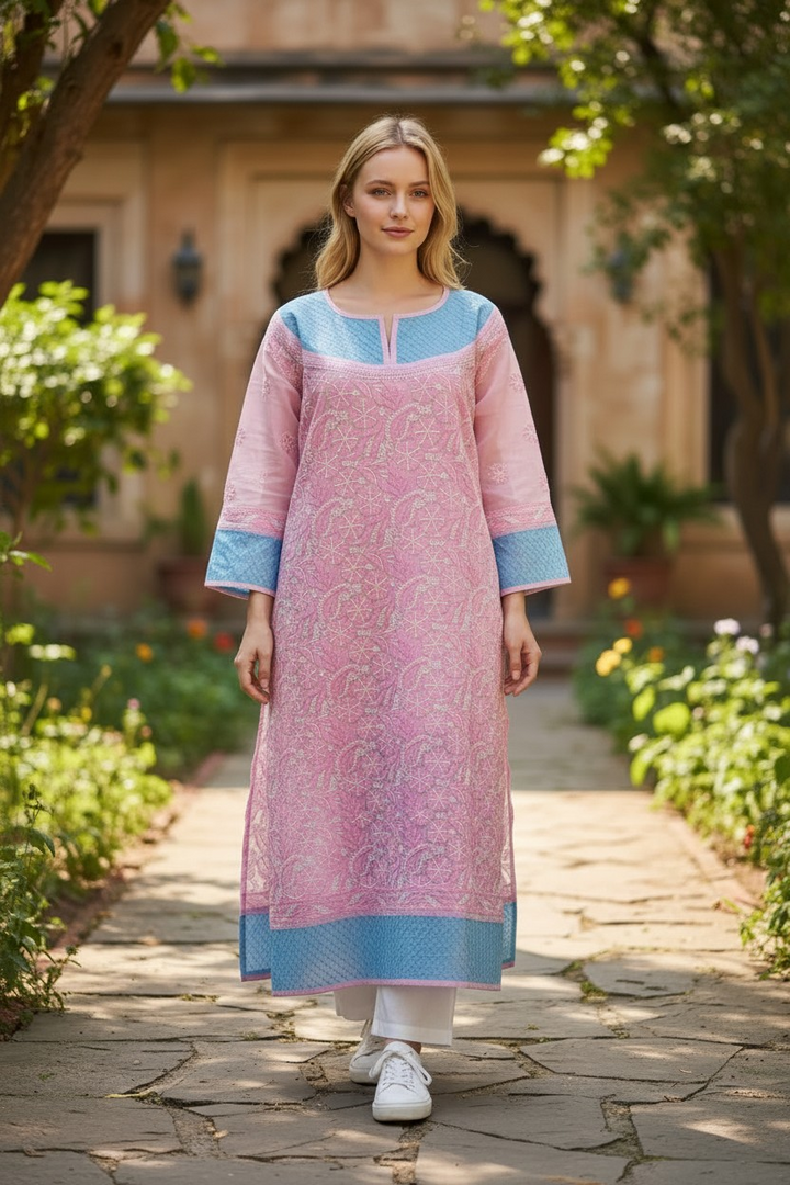 Cotton Chikankari Hand Embroidered Kurti for Women | Premium  | 48 Inch approx Length | Lucknowi Chikan Kurta