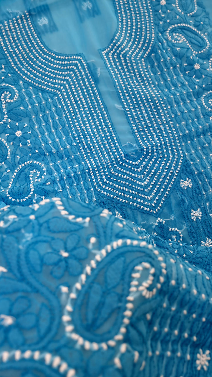 Faux Georgette Chikankari Hand Embroidered Unstitched Kurta Fabric – 3 Meter