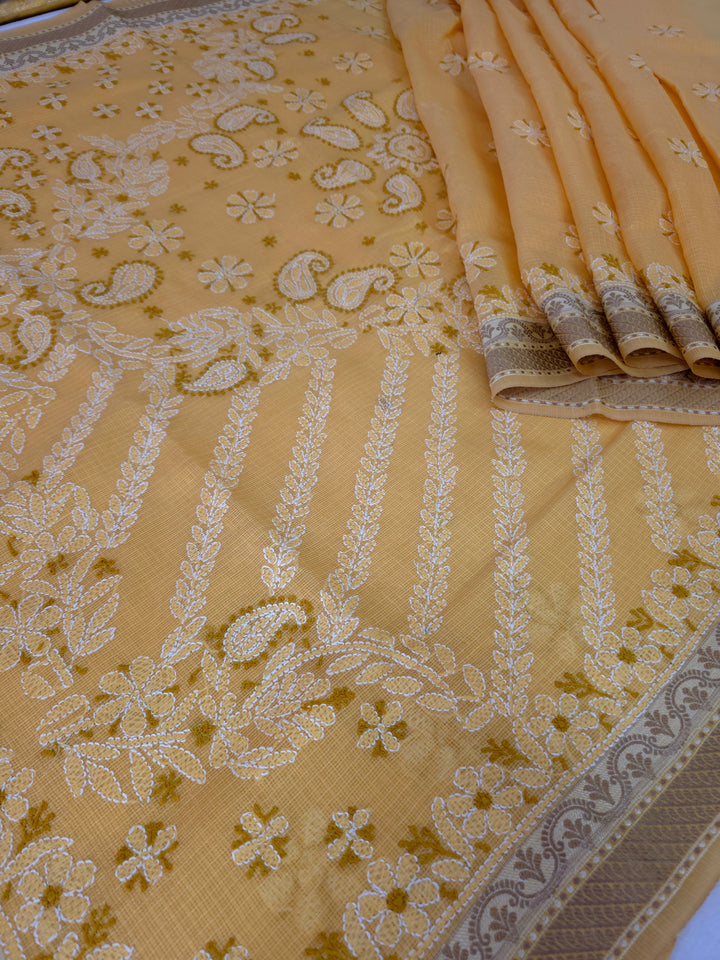 Hand Embroidered Chikankari Banarasi Silk Saree with Intricate Border & Palla Pattern – Includes  Blouse | Paridhan Chikan