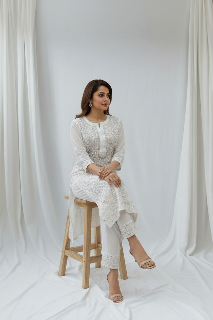 Raha Women’s Georgette Chikankari Kurti –Pearl, mirror n aari work -Designer Hand Embroidered Lucknowi Craft by Paridhan Chikan