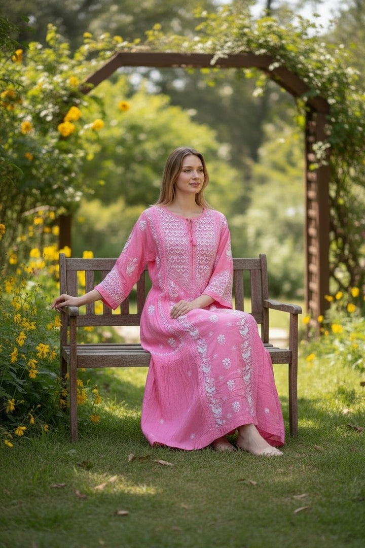 Pure Muslin luxurious long dress with *2 taar chikankari work* Length 50 " approx