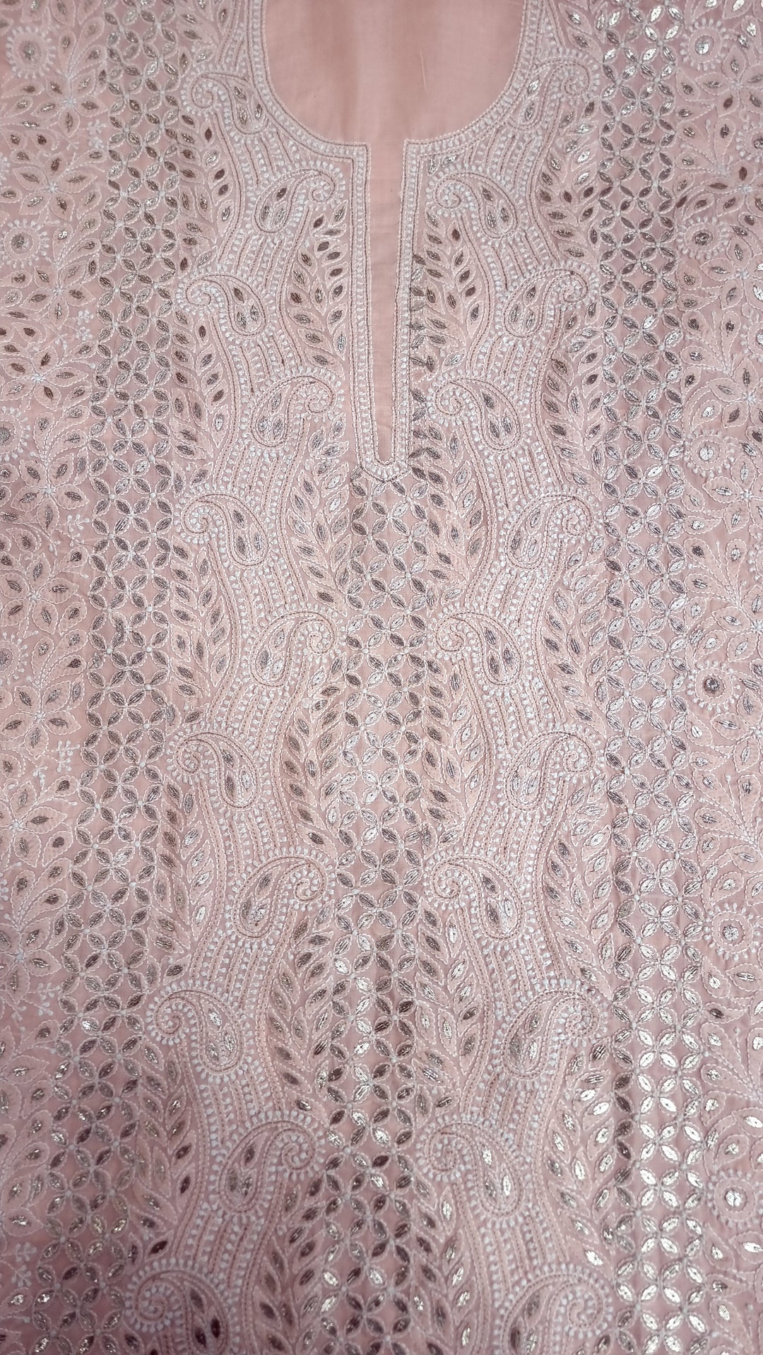 Peach Unstitched Soft Cotton Chikankari Suit Set – Aari, Kasab & Gotta Patti Embellished with Pure Chiffon Dupatta (Copy)