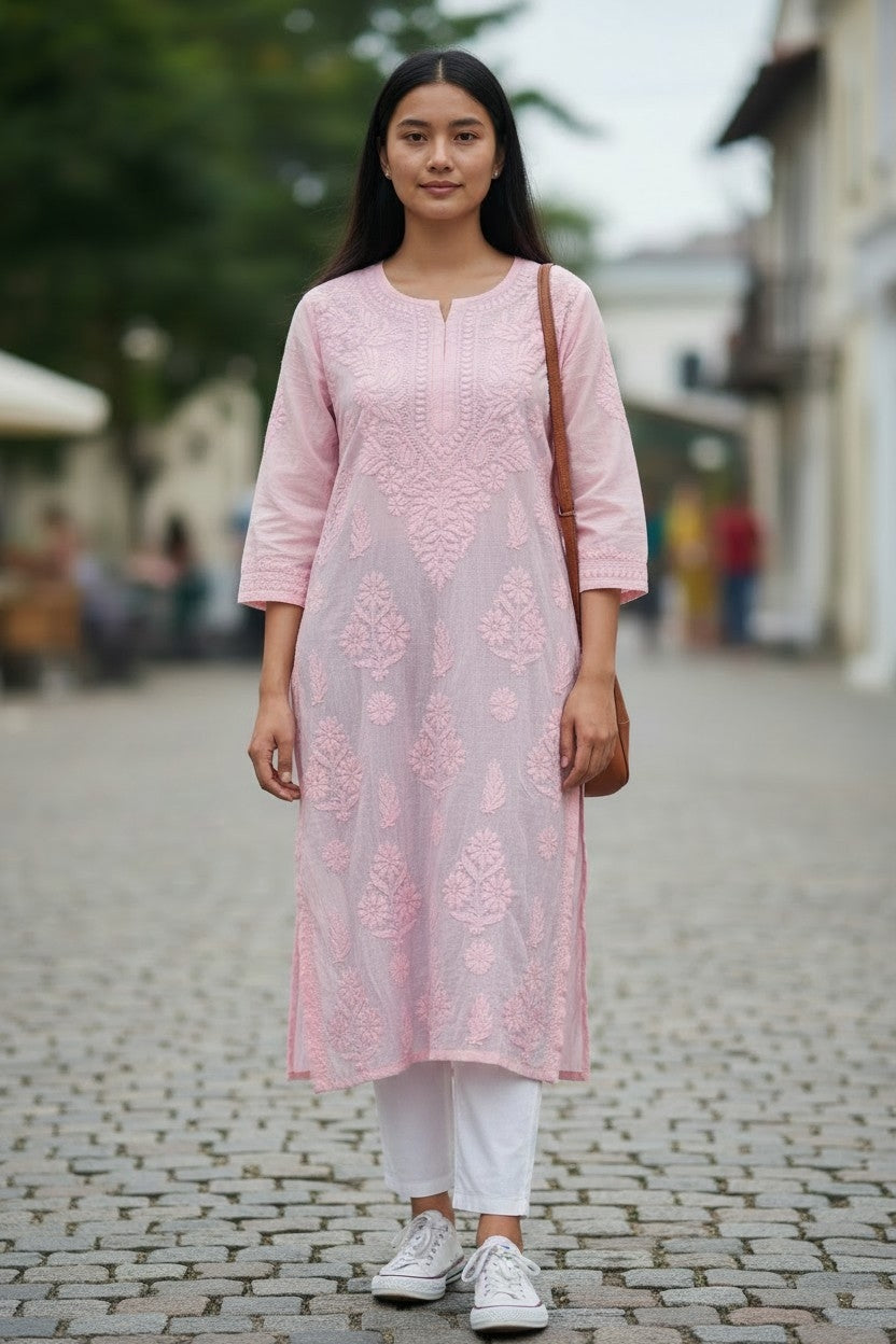 Premium Soft Chanderi Lucknowi Chikankari Long Kurti – 100% Hand Embroidered, Non-Transparent