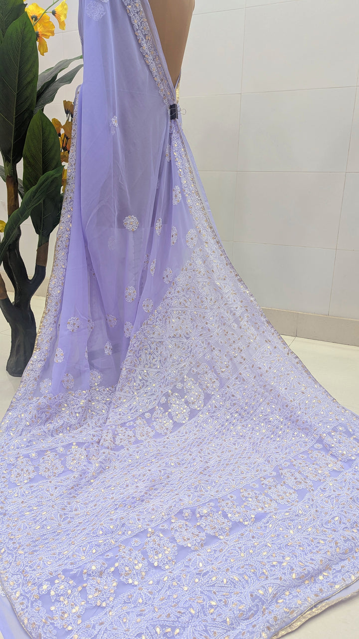 Embellished with Gota Patti | Hand Chikankari Faux Georgette Saree | Lucknowi Embroidery | Designer Festive Wear by Paridhan Chikan