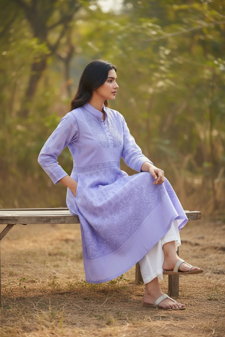 Cotton Lucknowi Chikankari 46" Long A-line Kurti | 100% Hand Embroidered| No Shrinkage