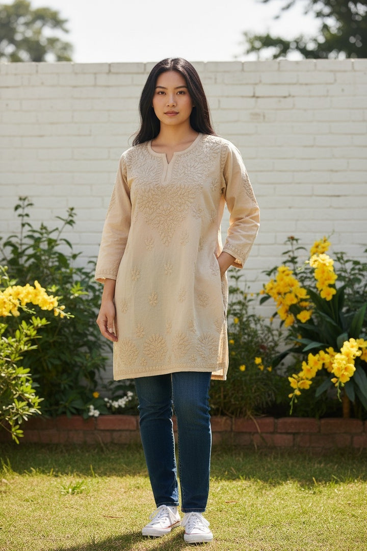 Non transparent Soft Chanderi Chikankari Top 32" length