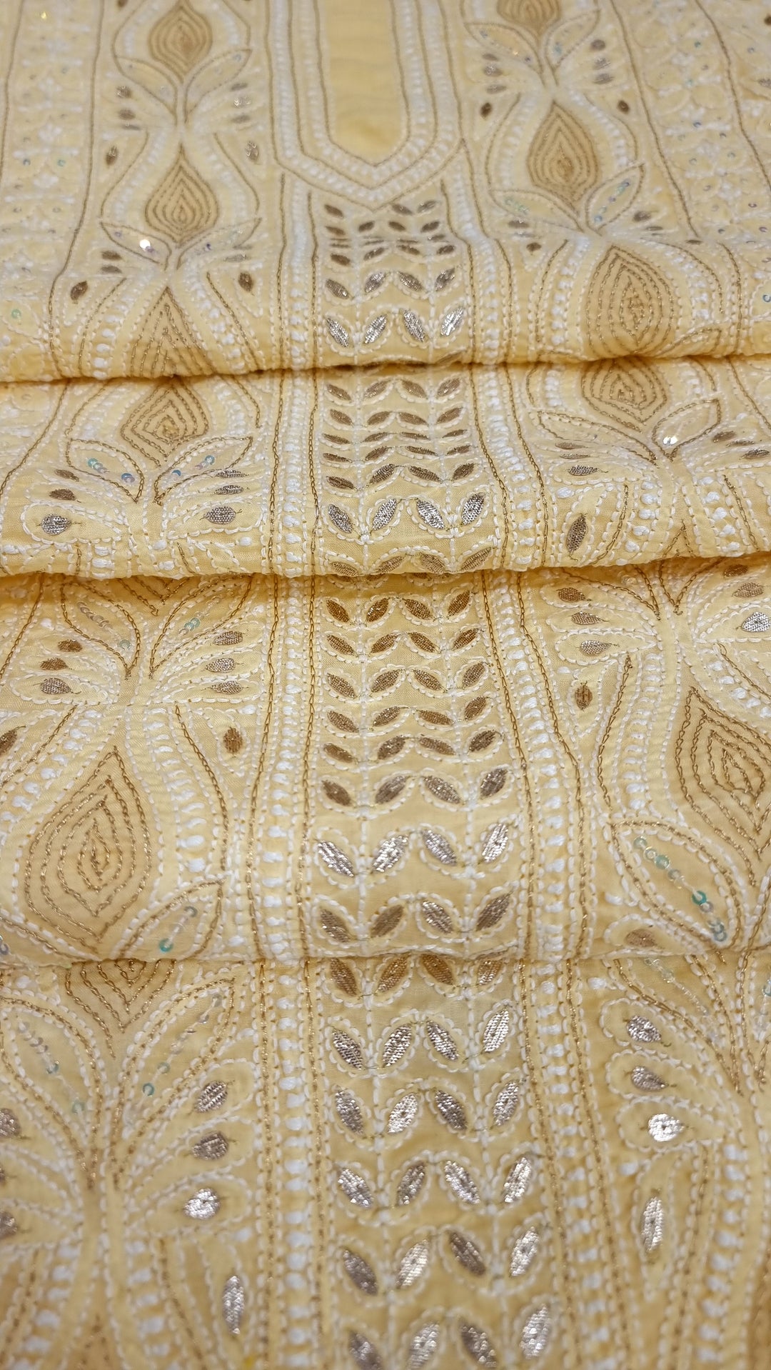 Yellow Unstitched Soft Cotton Chikankari Suit Set – Aari, Kasab & Gotta Patti Embellished with Pure Chiffon Dupatta