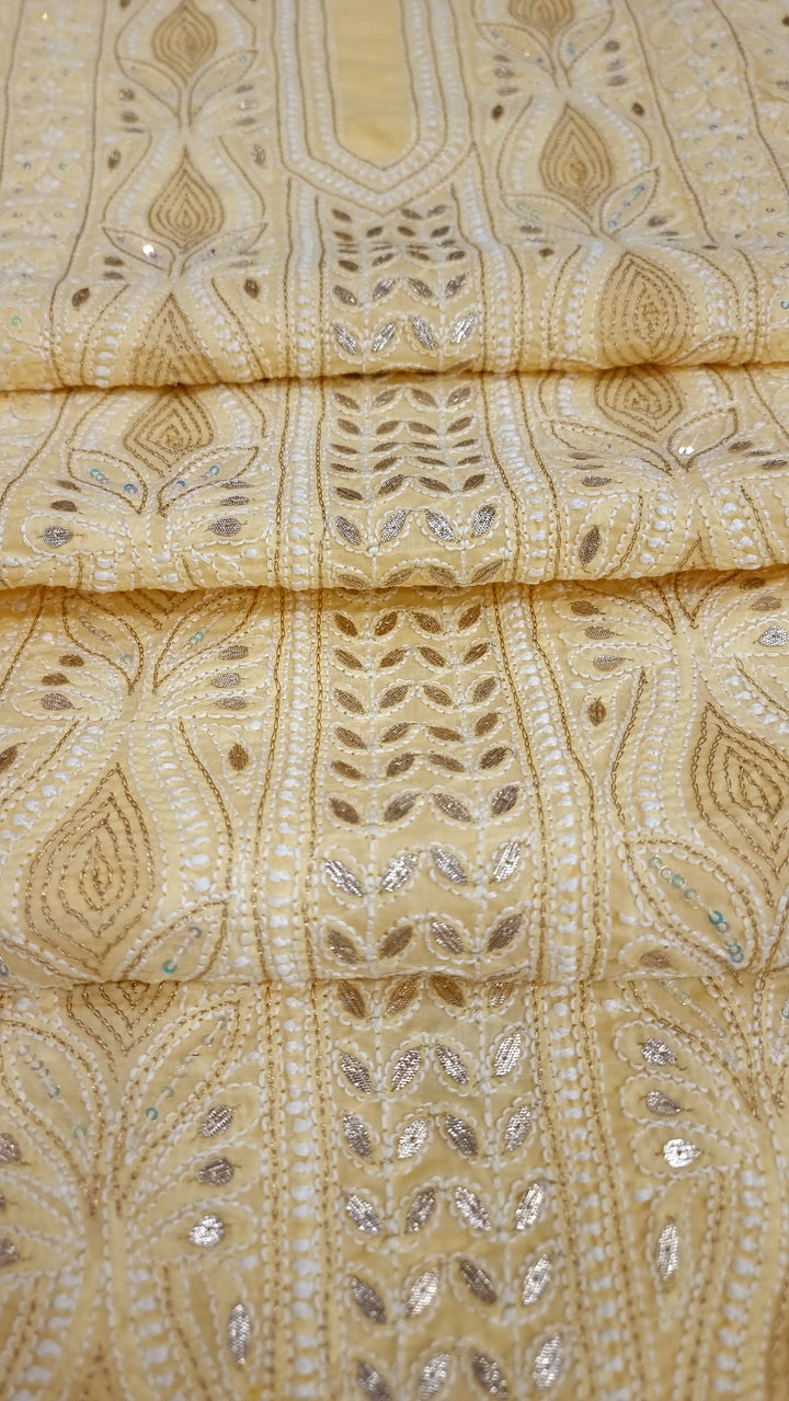 Yellow Unstitched Soft Cotton Chikankari Suit Set – Aari, Kasab & Gotta Patti Embellished with Pure Chiffon Dupatta