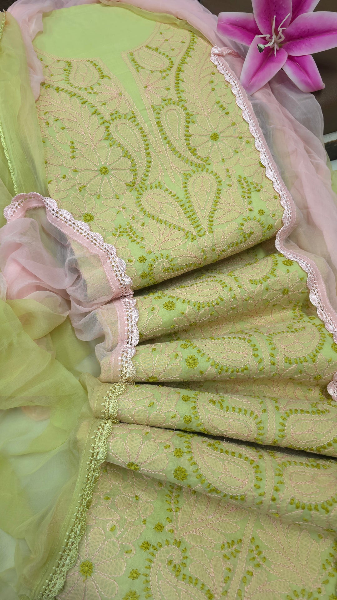 Lucknow Chikankari Hand Embroidered Cotton Dress Material with Tri-Color Motifs & Pure Chiffon Dupatta