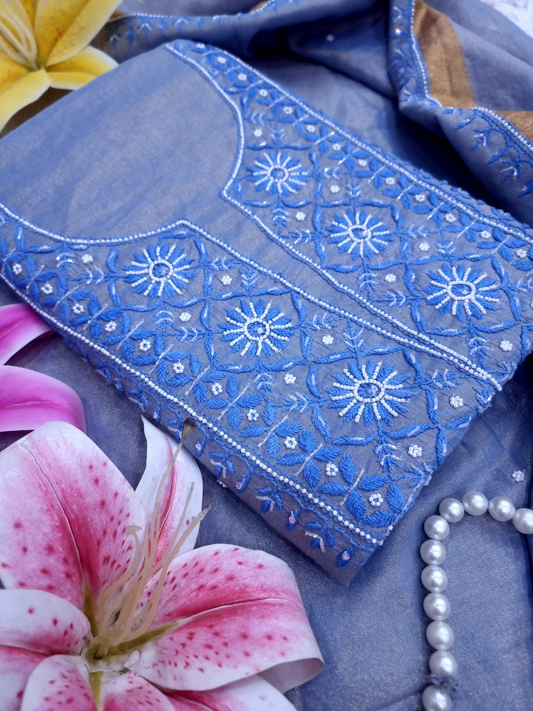 Soft Tissue Chikankari Unstitched Dress Material | 3 Taar Hand Embroidery with Pearl & Cutdana Work + Golden Border Dupatta