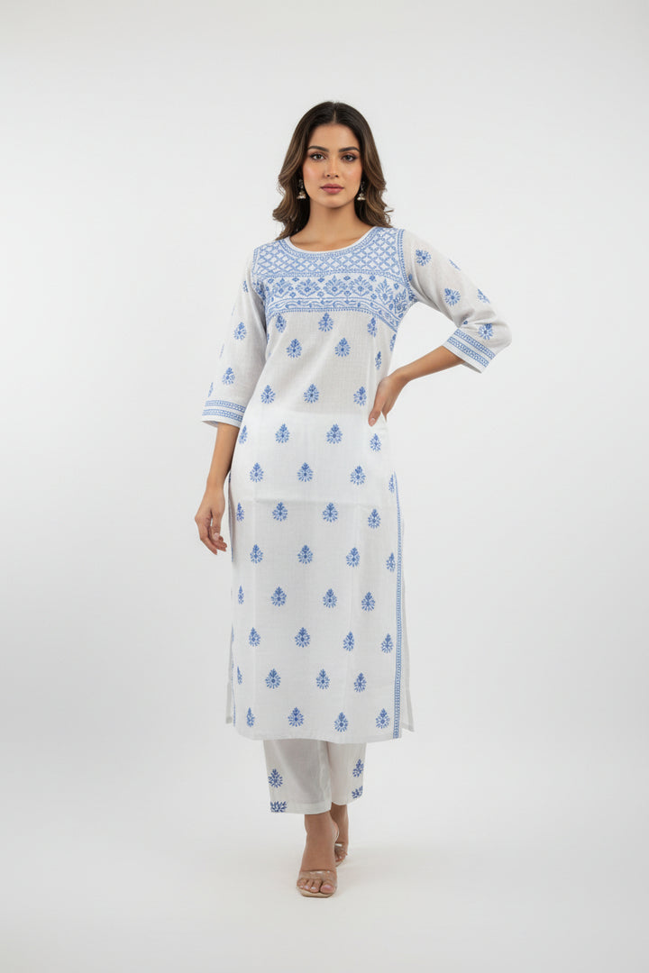 Pure Cotton Linen Lucknowi Chikankari Long Kurti | 100% Hand Embroidered | Non-Transparent | No Shrinkage