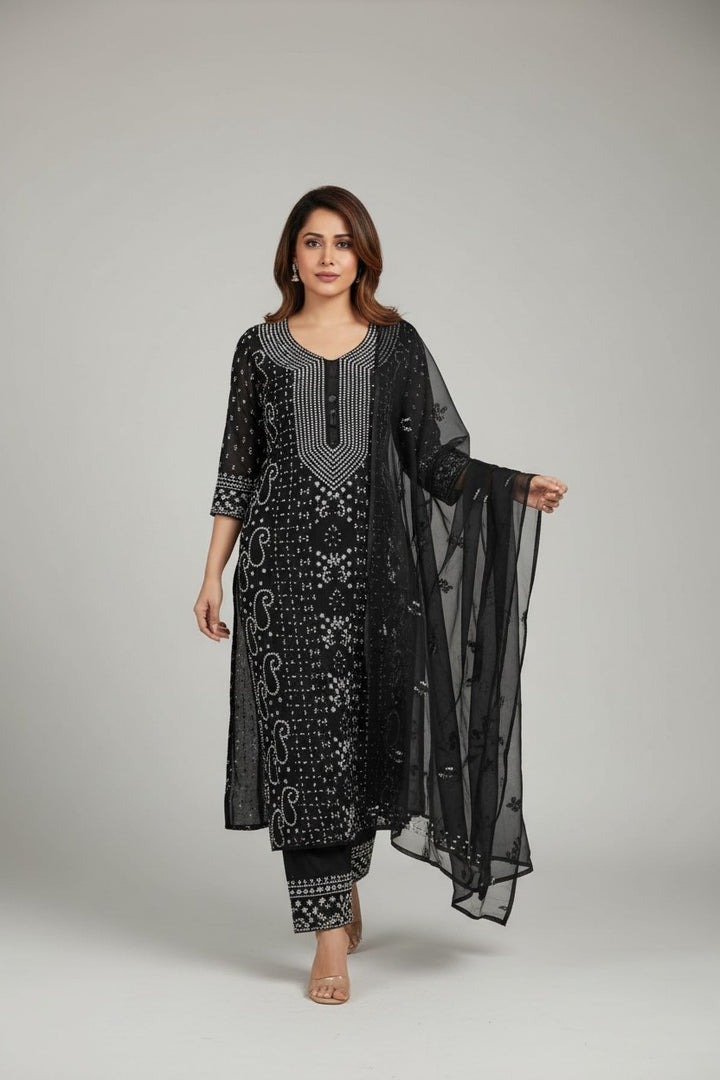 Unstitched Georgette Chikankari Dress Material | Hand Embroidered Kurta, Bottom & Dupatta