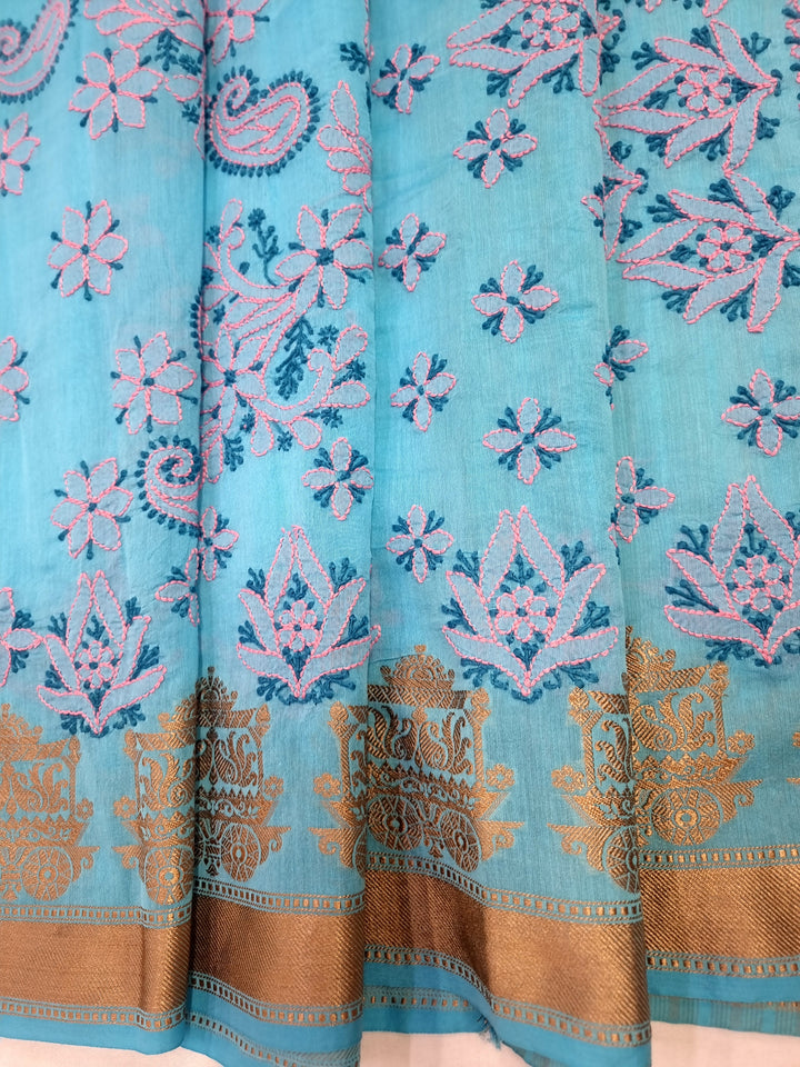 Hand Embroidered Chikankari Banarasi Silk Saree with Intricate Border & Palla Pattern – Includes  Blouse | Paridhan Chikan