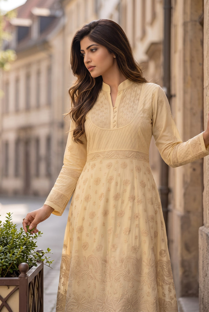 Cotton Lucknowi Chikankari 46" Long A-line Kurti | 100% Hand Embroidered| No Shrinkage