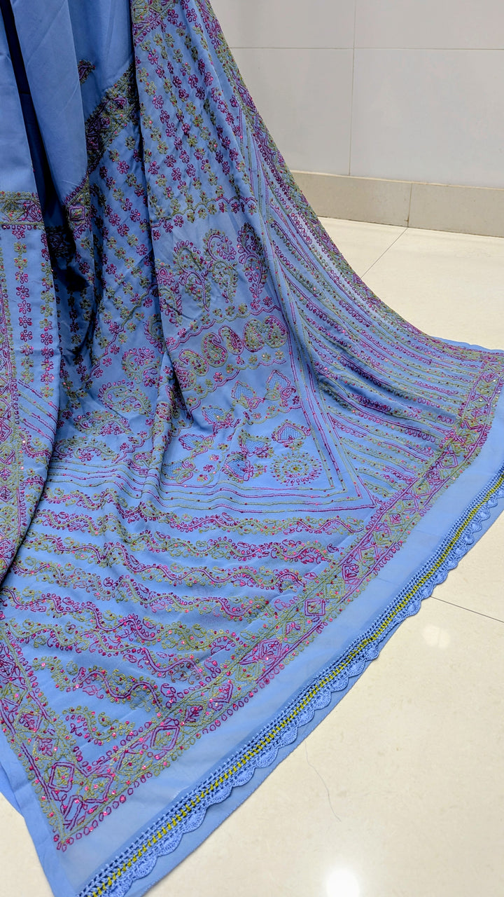 Faux Georgette Hand Chikankari Saree with Exclusive Border & designer Palla Design | Embroidered Blouse Included | Authentic Lucknow Handicraft by Paridhan Chikan