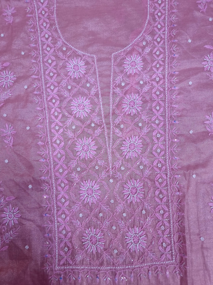 Soft Tissue Chikankari Unstitched Dress Material | 3 Taar Hand Embroidery with Pearl & Cutdana Work + Golden Border Dupatta