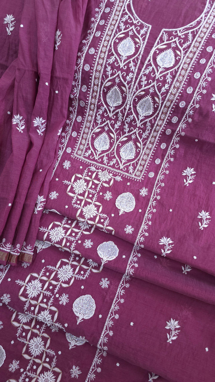 Premium Mul Chanderi Pearl, Cutdana & Kasab Hand Embroidered Unstitched Suit Set