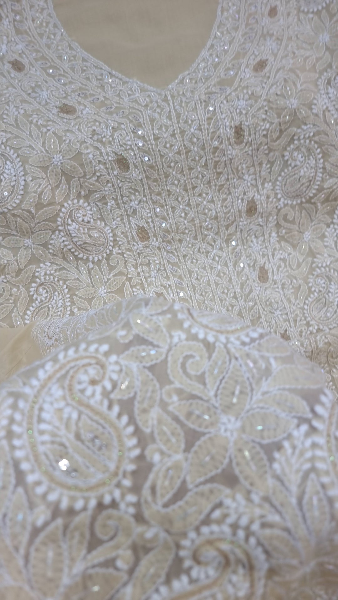 Unstitched Cotton Hand Embroidered Chikankari Dress Material with Cutdana, Resham & Badla Work | Pure Chiffon Dupatta | Lucknowi Artistry