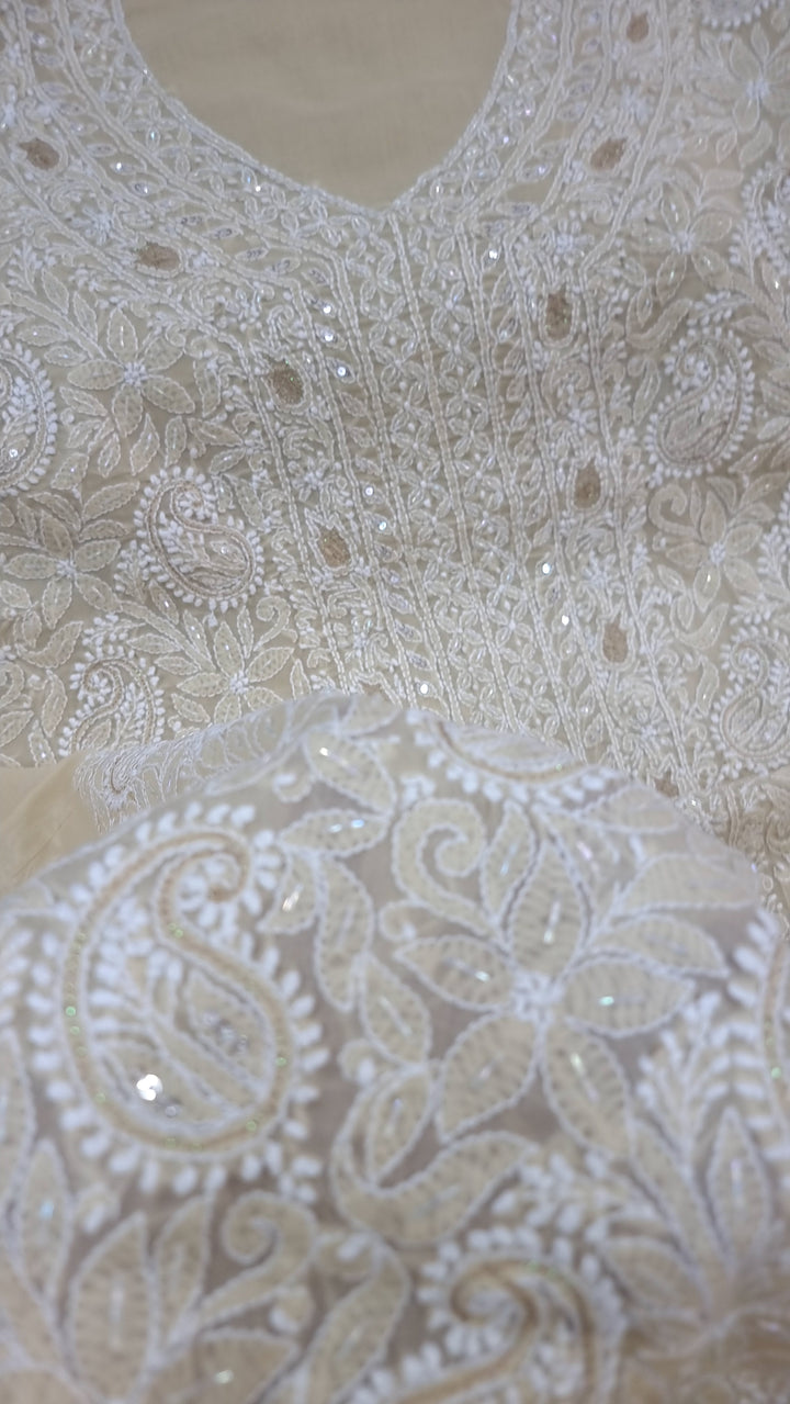 Unstitched Cotton Hand Embroidered Chikankari Dress Material with Cutdana, Resham & Badla Work | Pure Chiffon Dupatta | Lucknowi Artistry