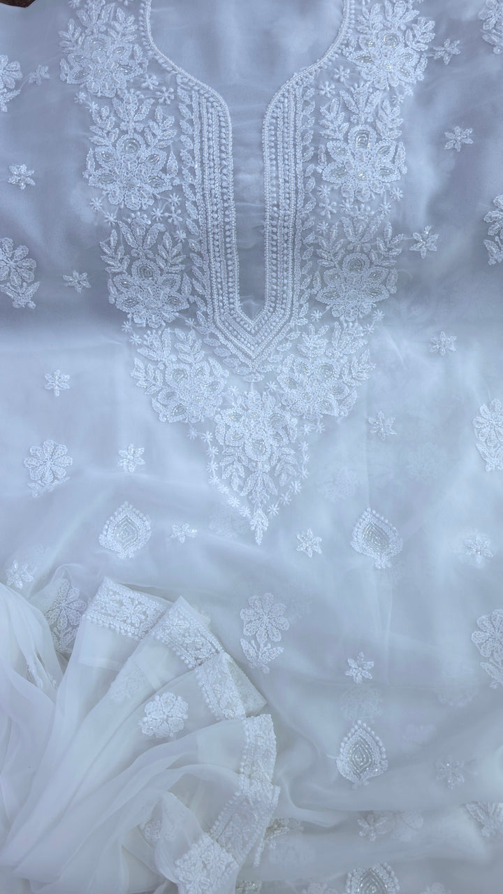 Alina Heavy Embellished Georgette Chikankari Unstitched Dress Material | Cutdana Handwork