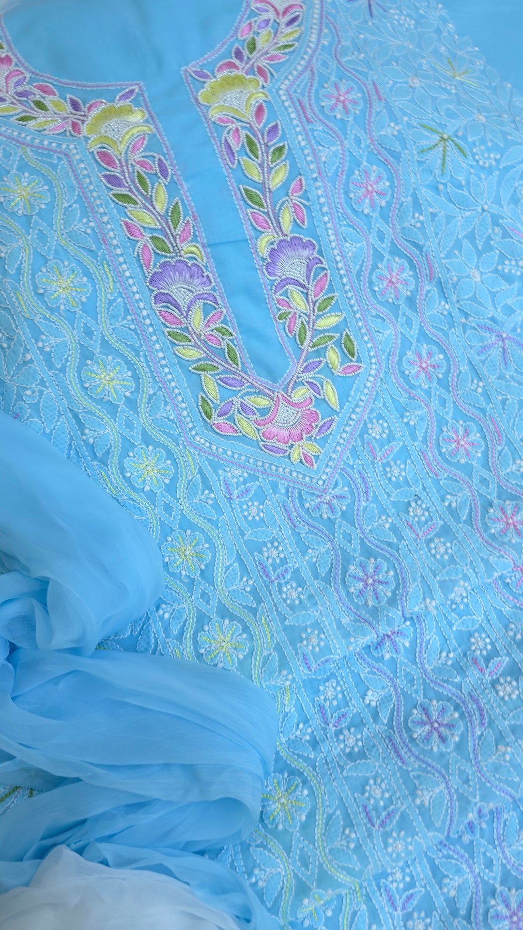 Cotton Resham Neckline chikankari dress material- Blue