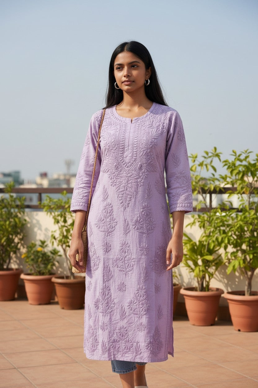 Premium Soft Chanderi Lucknowi Chikankari Long Kurti – 100% Hand Embroidered, Non-Transparent