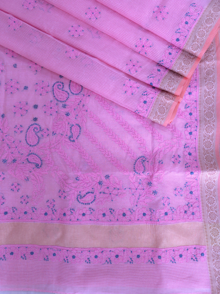 Hand Embroidered Chikankari Banarasi Silk Saree with Intricate Border & Palla Pattern – Includes  Blouse | Paridhan Chikan