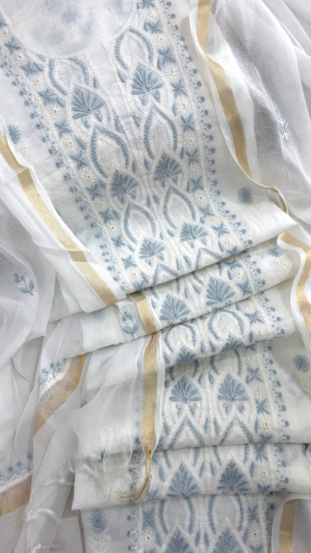 Pure Mul Chanderi 2 Taar Hand Embroidered Chikankari Unstitched Kurta (3 M) with Dupatta (2.5 M) – Lucknowi Festive Collection