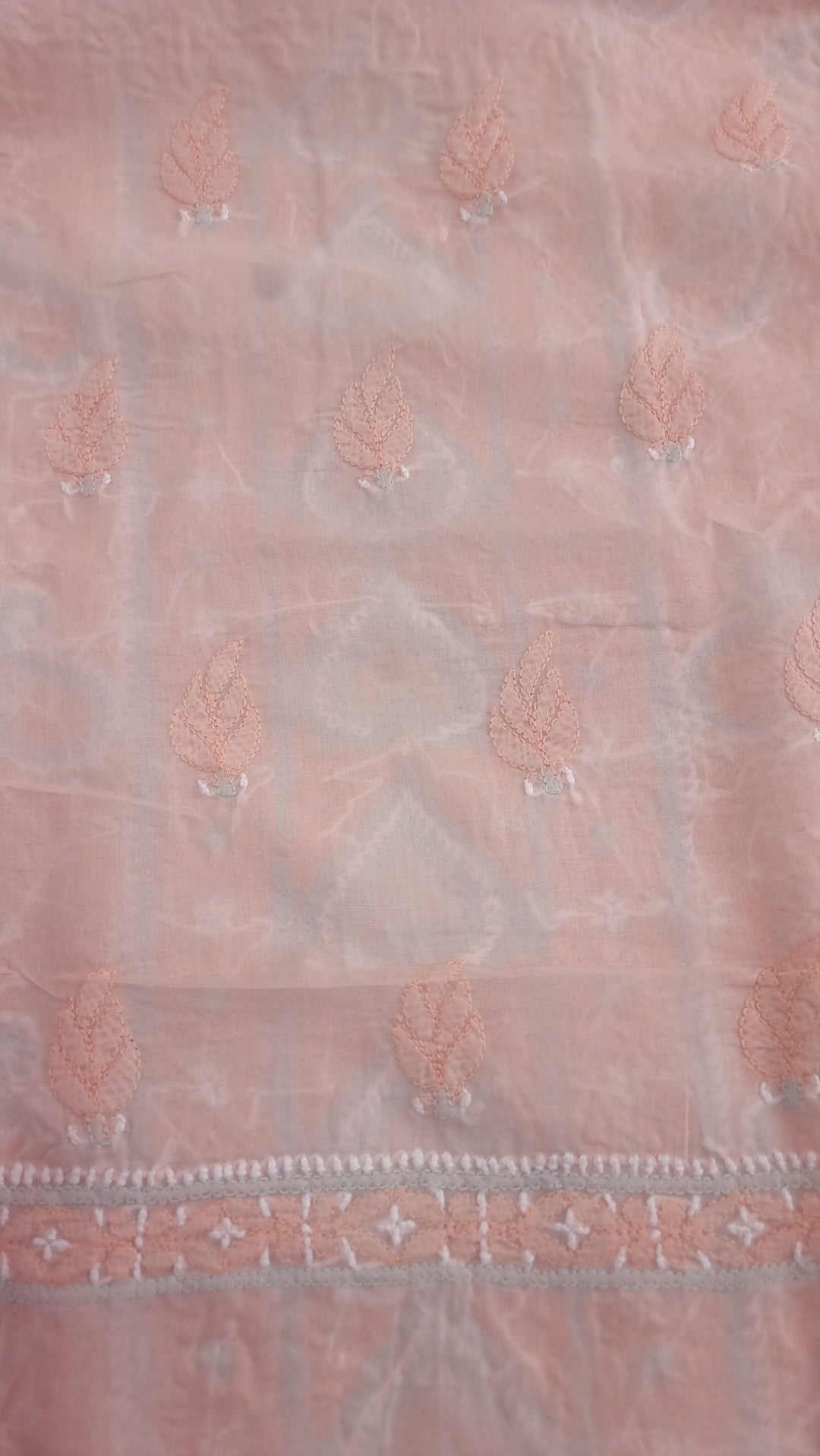 Lucknow Chikankari Hand Embroidered Cotton Dress Material with Tri-Color Motifs & Pure Chiffon Dupatta