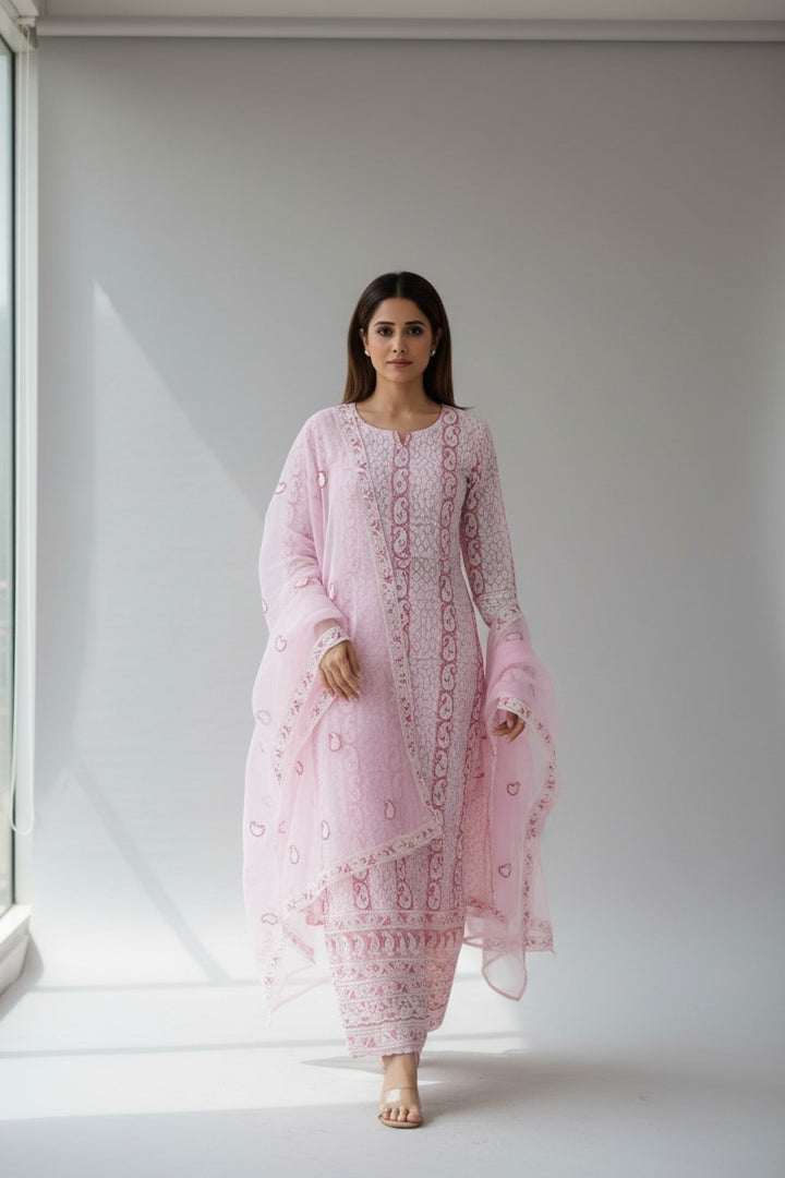 Unstitched Georgette Chikankari Dress Material | Hand Embroidered Kurta, Bottom & Dupatta