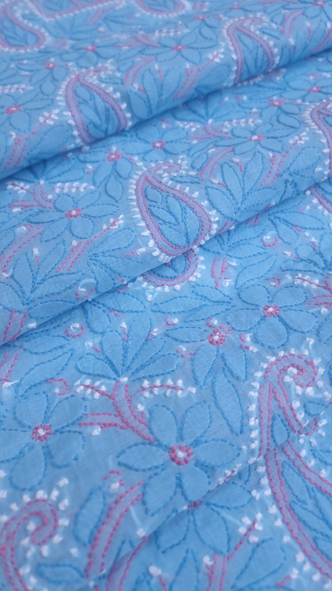 Lucknow Chikankari Hand Embroidered Cotton Dress Material with Tri-Color Motifs & Pure Chiffon Dupatta