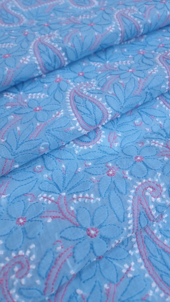 Lucknow Chikankari Hand Embroidered Cotton Dress Material with Tri-Color Motifs & Pure Chiffon Dupatta