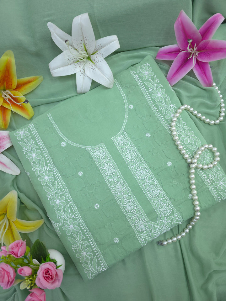 Darz Lucknowi Chikankari  Dress Material – Handmade Cotton Suit with Chiffon Dupatta