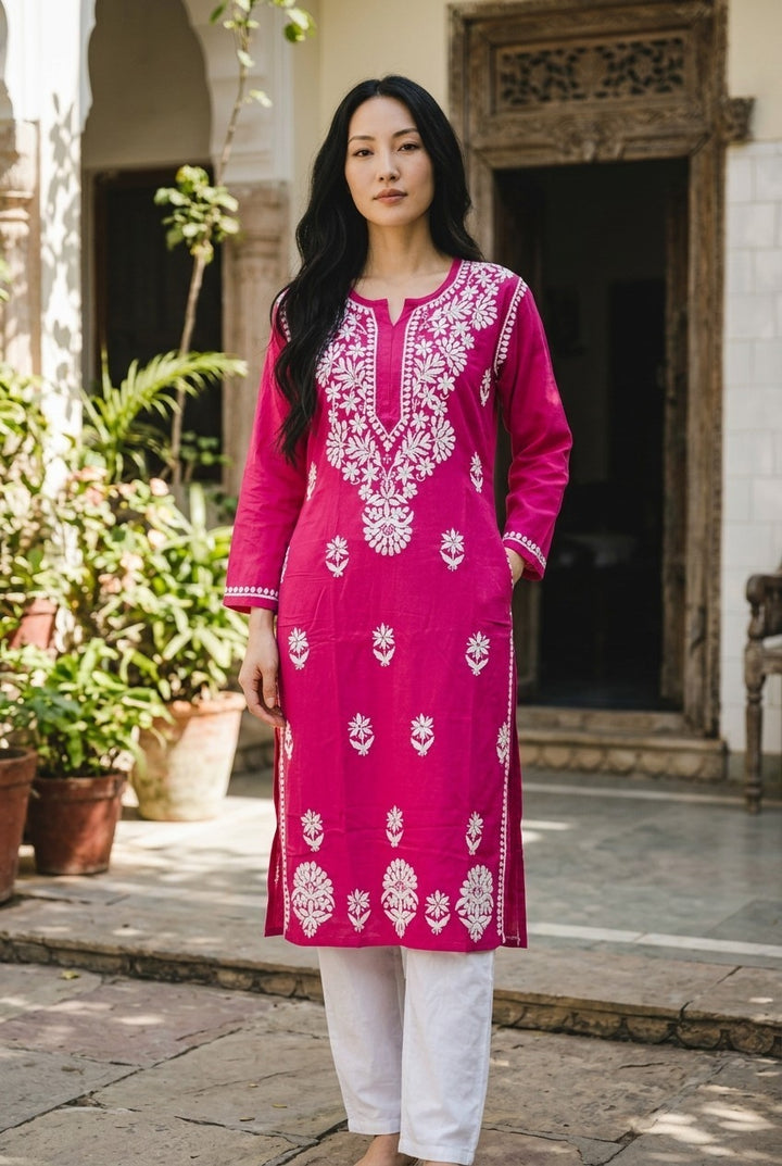 Deepika Rayon Lucknow Chikankari Long Kurti | 100% Authentic Hand Embroidery | Super Soft & Non-Transparent
