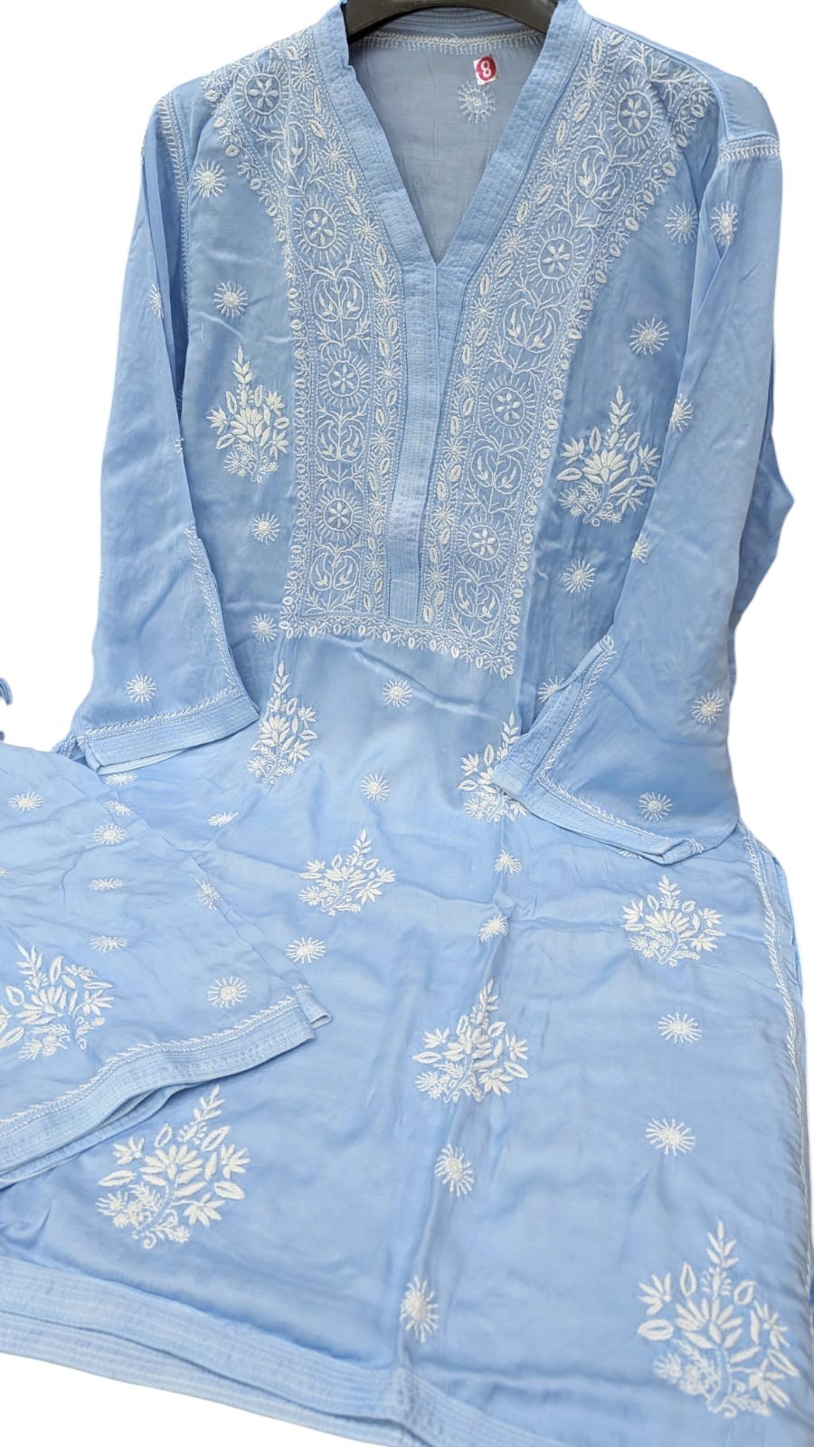 Luxe-Pure Modal satin luxurious kurti pants set with *2 taar chikankari work*