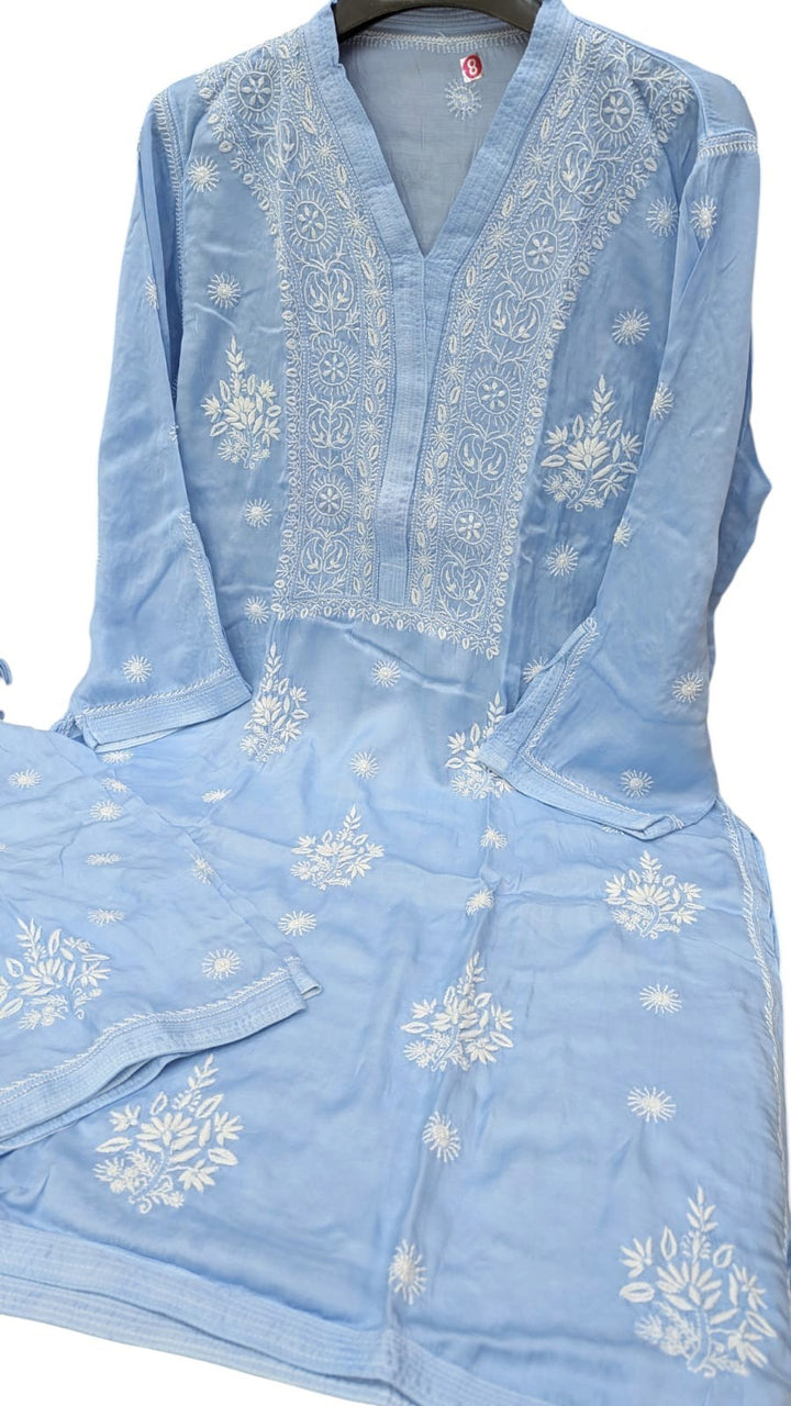 Luxe-Pure Modal satin luxurious kurti pants set with *2 taar chikankari work*