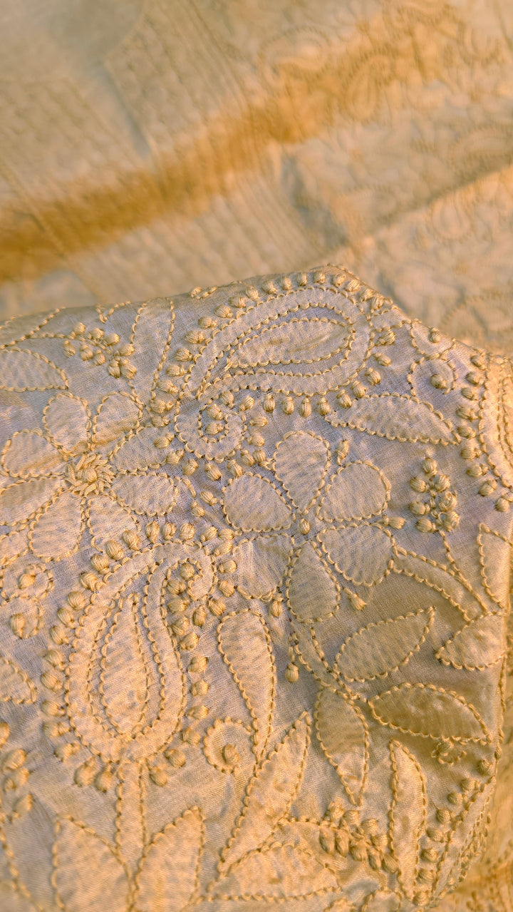 Pure Paper Silk Chikankari Fabric | Full Jaal Hand Embroidery Kurta Fabric for Women