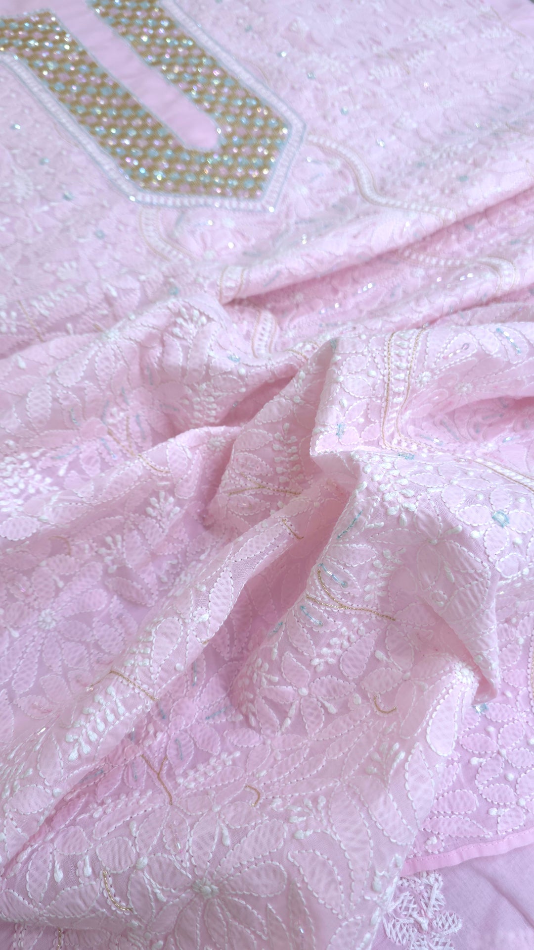 Premium Hand Embroidered Chikankari Cotton Unstitched Dress Material with Pure Chiffon Dupatta