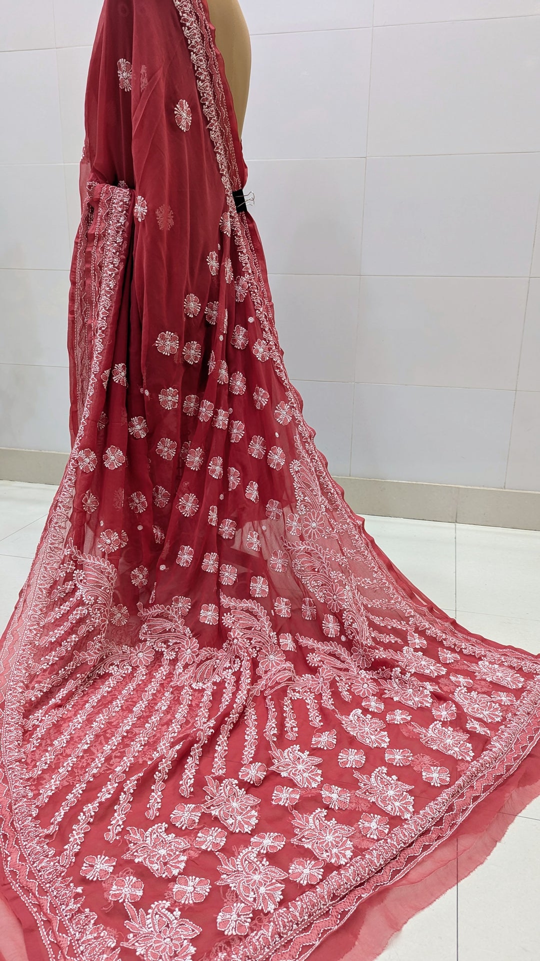 Faux Georgette Hand Chikankari Saree with Exclusive Border & designer Palla Design | Embroidered Blouse Included | Authentic Lucknow Handicraft by Paridhan Chikan