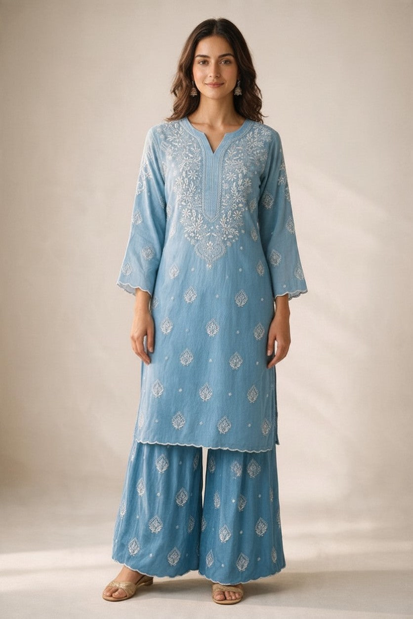 Luxe-Pure crepe luxurious kurti sharara set with *2 taar chikankari work*