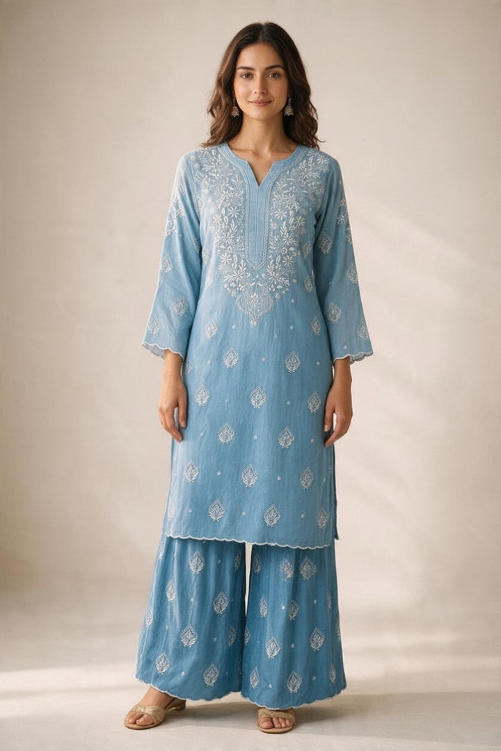 Luxe-Pure crepe luxurious kurti sharara set with *2 taar chikankari work*