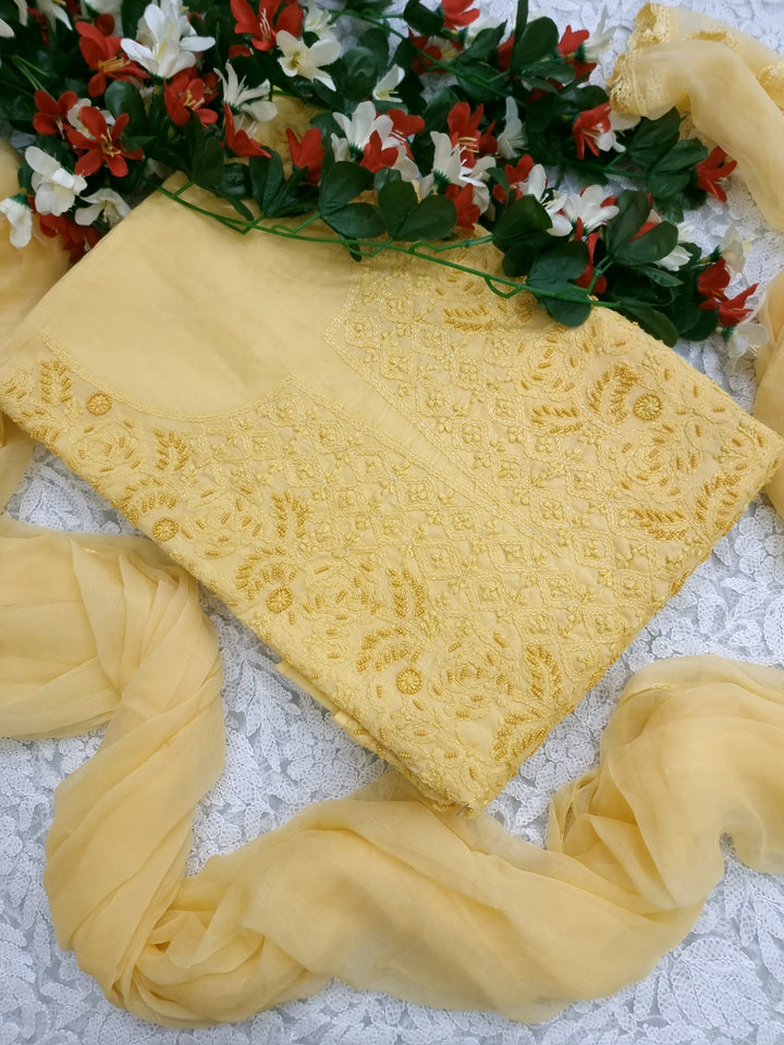 Paridhan Chikan Cotton Chikankari Unstitched Dress Material – 3 Pc Suit Set with Hand Embroidery & Pearl Work in Every Motif