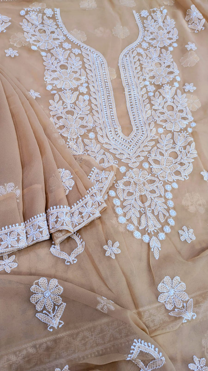 Lucknowi Georgette Chikankari Dress Material – Hand Embroidery Kurta, Bottom & Dupatta | Festive Queen Shades